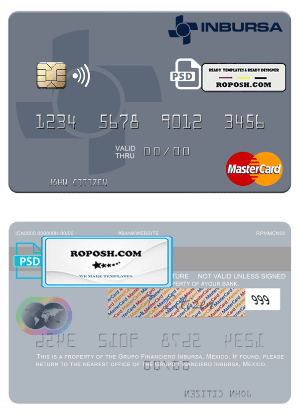 Mexico Grupo Financiero Inbursa mastercard credit card template in PSD format
