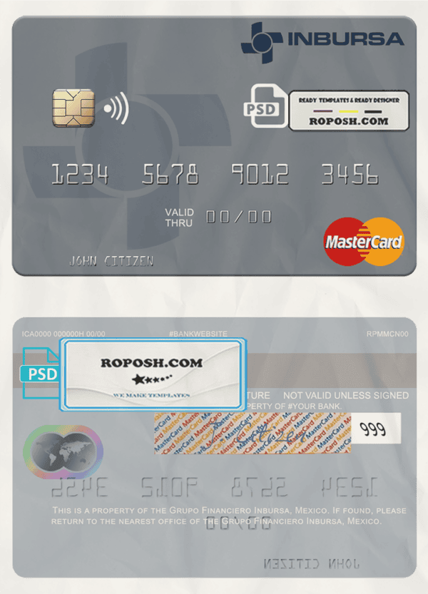 Mexico Grupo Financiero Inbursa mastercard credit card template in PSD format