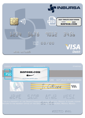 Mexico Grupo Financiero Inbursa visa debit credit card template in PSD format