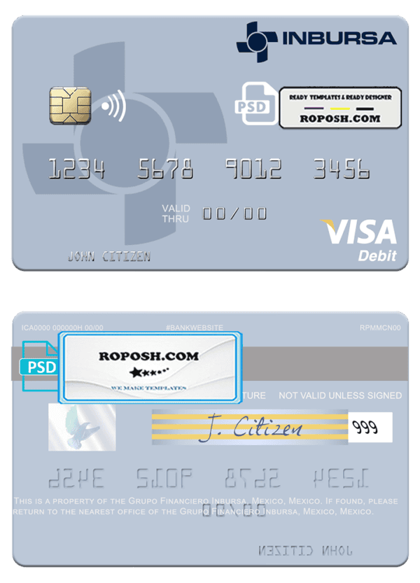 Mexico Grupo Financiero Inbursa visa debit credit card template in PSD format