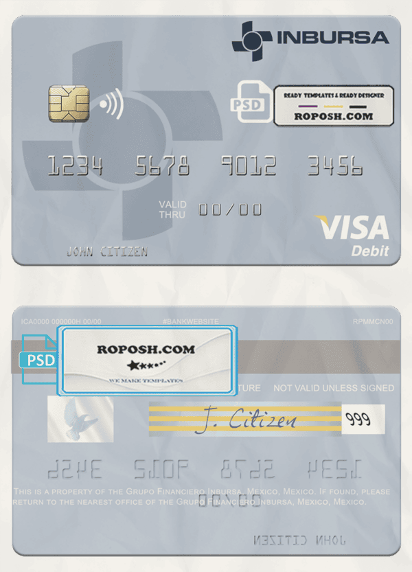 Mexico Grupo Financiero Inbursa visa debit credit card template in PSD format