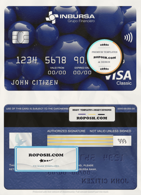 Mexico Inbursa bank visa classic card, fully editable template in PSD format
