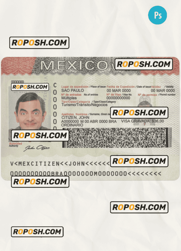 Mexico tourist visa PSD template, completely editable, with fonts