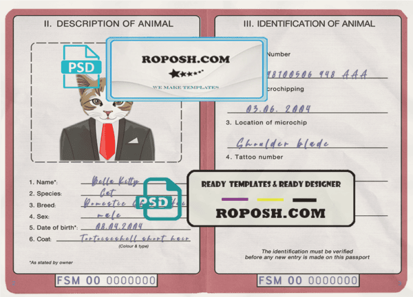 Micronesia cat (animal, pet) passport PSD template, fully editable