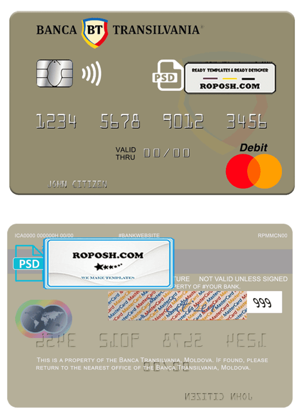 Moldova Banca Transilvania bank mastercard, fully editable template in PSD format