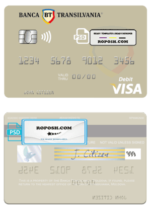 Moldova Banca Transilvania visa debit card, fully editable template in PSD format