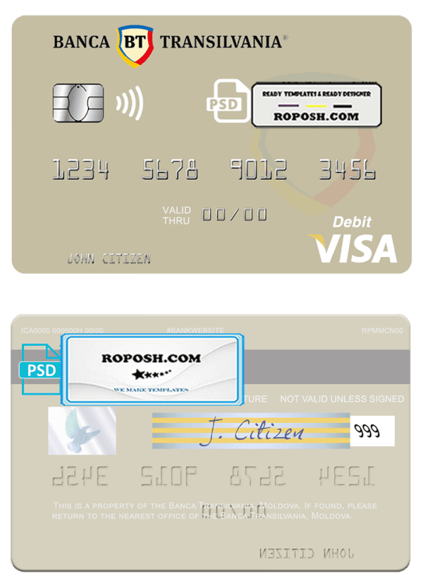 Moldova Banca Transilvania visa debit card, fully editable template in PSD format