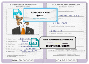 Moldova cat (animal, pet) passport PSD template, completely editable