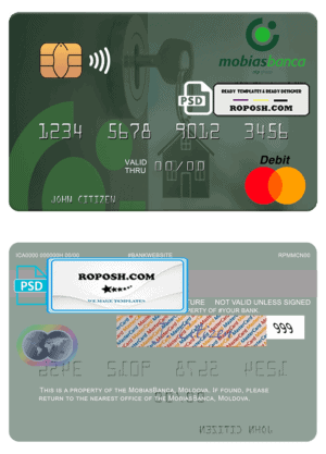 Moldova MobiasBanca bank mastercard, fully editable template in PSD format