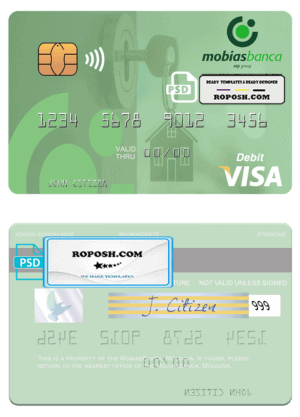 Moldova MobiasBanca visa debit card, fully editable template in PSD format