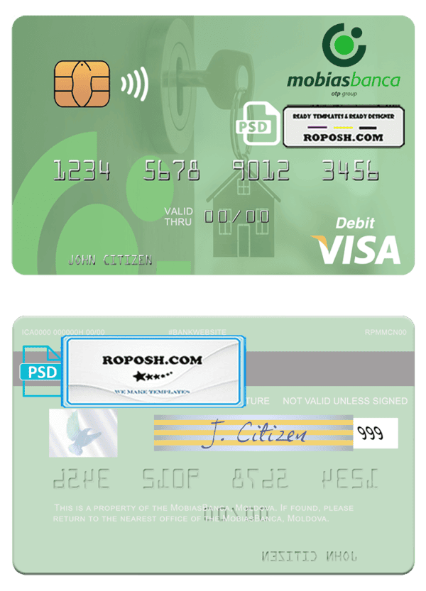 Moldova MobiasBanca visa debit card, fully editable template in PSD format