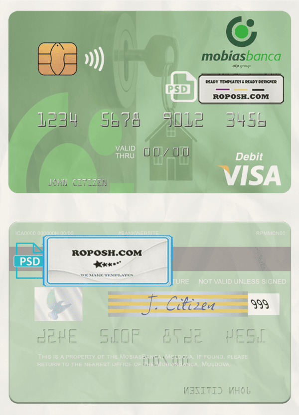Moldova MobiasBanca visa debit card, fully editable template in PSD format