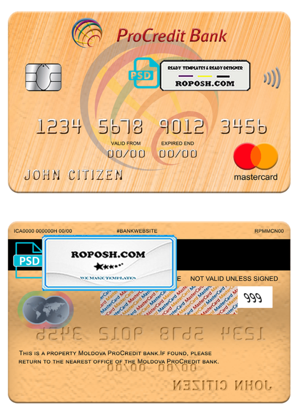 Moldova Procredit bank mastercard, fully editable template in PSD format