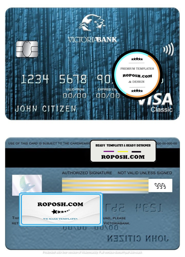Moldova Victoriabank visa classic card, fully editable template in PSD format