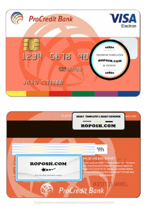 Moldova ProCredit bank visa electron credit card template in PSD format, fully editable