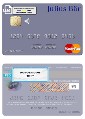 Monaco Julius Bär & Co. AG bank mastercard, fully editable template in PSD format