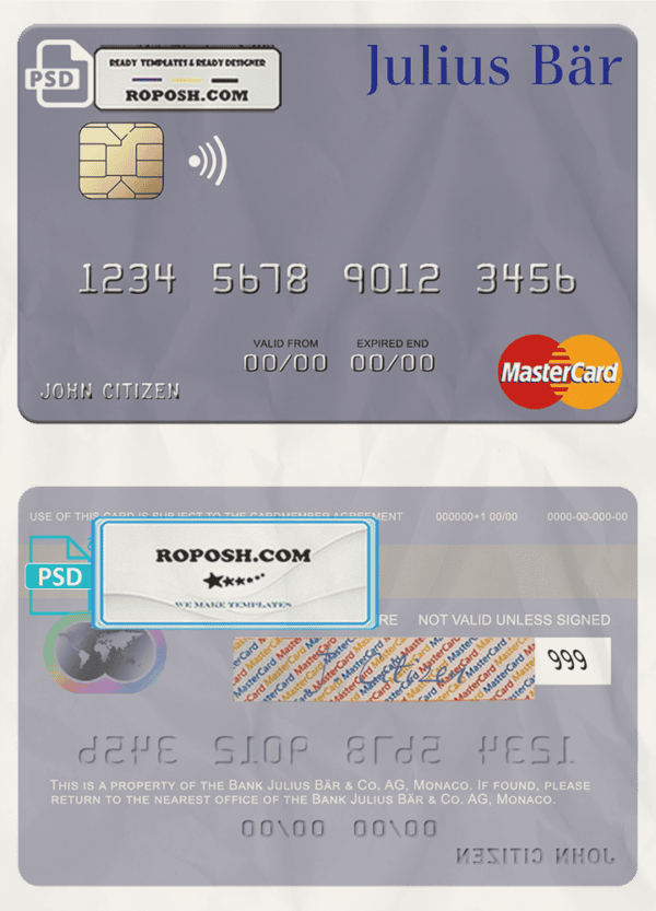 Monaco Julius Bär & Co. AG bank mastercard, fully editable template in PSD format