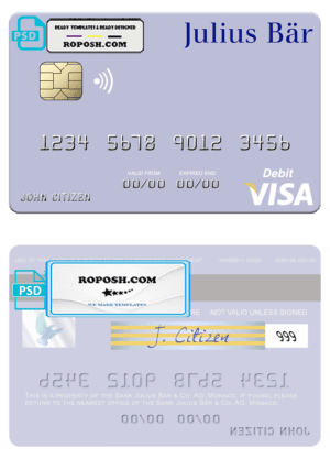 Monaco Julius Bär & Co. AG bank visa debit card, fully editable template in PSD format