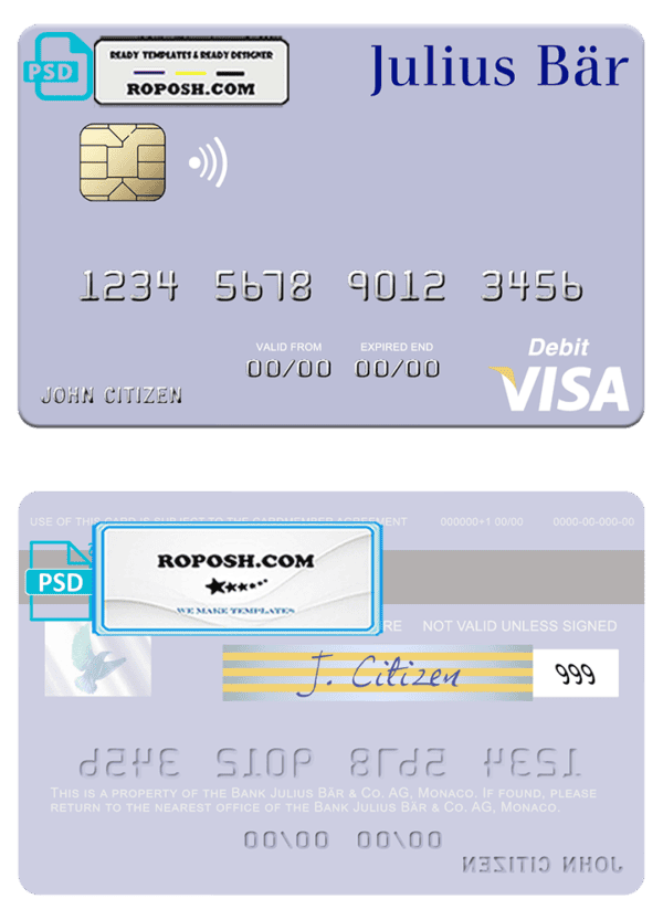 Monaco Julius Bär & Co. AG bank visa debit card, fully editable template in PSD format