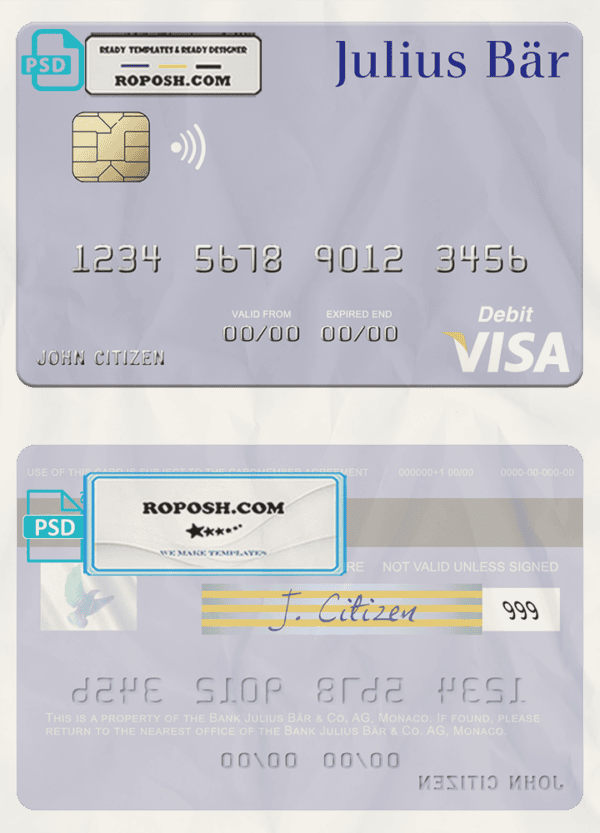Monaco Julius Bär & Co. AG bank visa debit card, fully editable template in PSD format