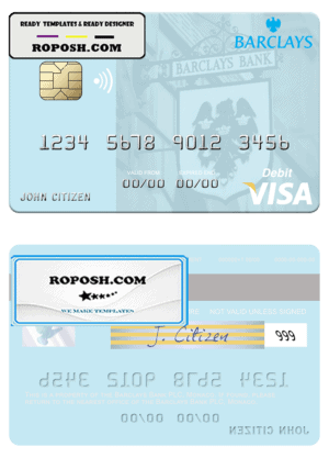 Monaco Barclays Bank PLC bank visa debit card, fully editable template in PSD format