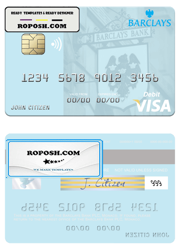Monaco Barclays Bank PLC bank visa debit card, fully editable template in PSD format