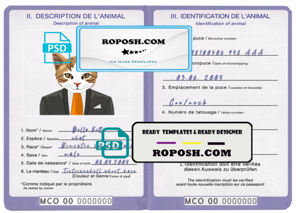 Monaco cat (animal, pet) passport PSD template, fully editable