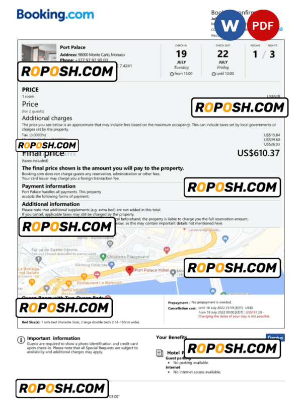 Monaco hotel booking confirmation Word and PDF template, 2 pages