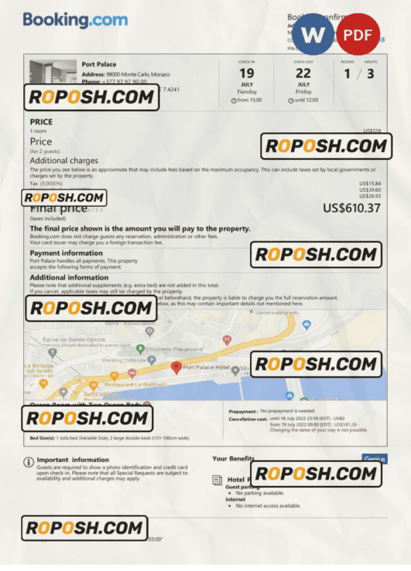 Monaco hotel booking confirmation Word and PDF template, 2 pages