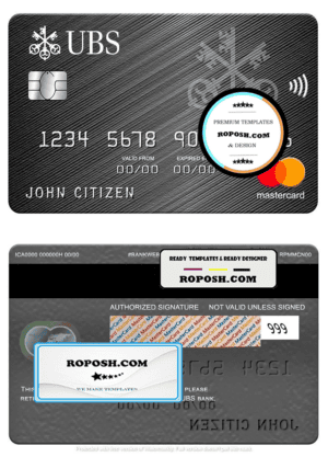 Monaco UBS bank mastercard, fully editable template in PSD format