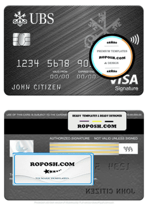 Monaco UBS bank visa signature card, fully editable template in PSD format