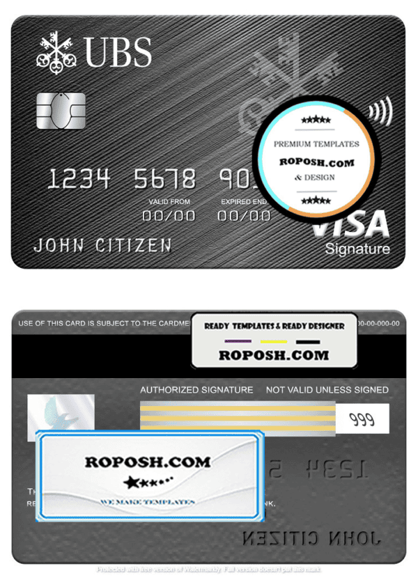 Monaco UBS bank visa signature card, fully editable template in PSD format