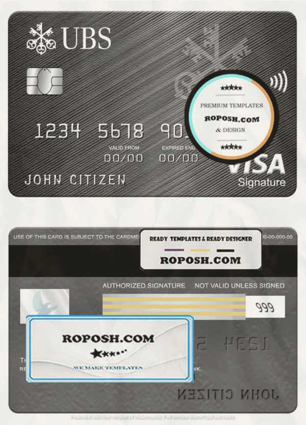 Monaco UBS bank visa signature card, fully editable template in PSD format