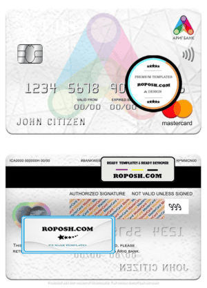 Mongolia Arig bank mastercard, fully editable template in PSD format