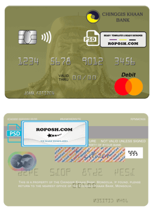 Mongolia Chinggis Khaan bank mastercard, fully editable template in PSD format