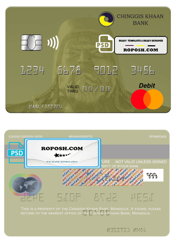 Mongolia Chinggis Khaan bank mastercard, fully editable template in PSD format
