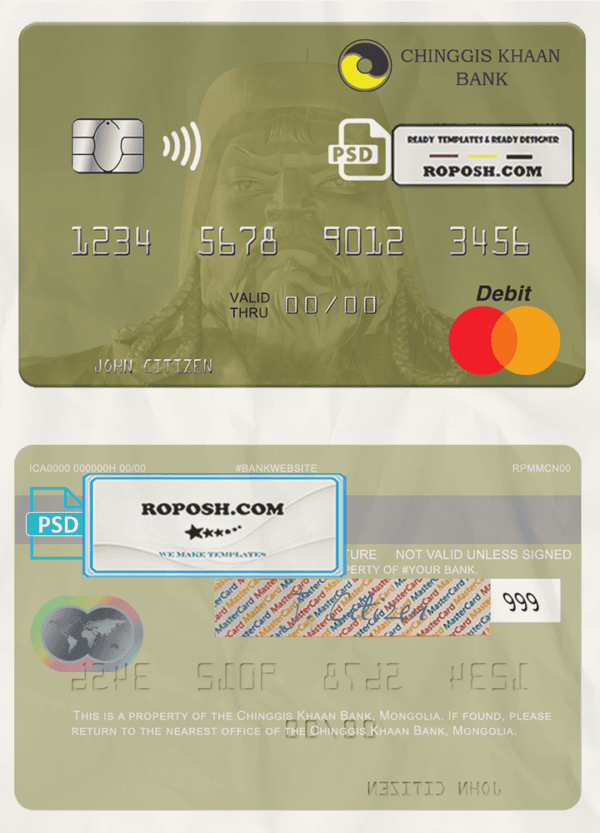 Mongolia Chinggis Khaan bank mastercard, fully editable template in PSD format