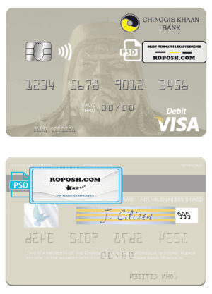 Mongolia Chinggis Khaan bank visa debit card, fully editable template in PSD format