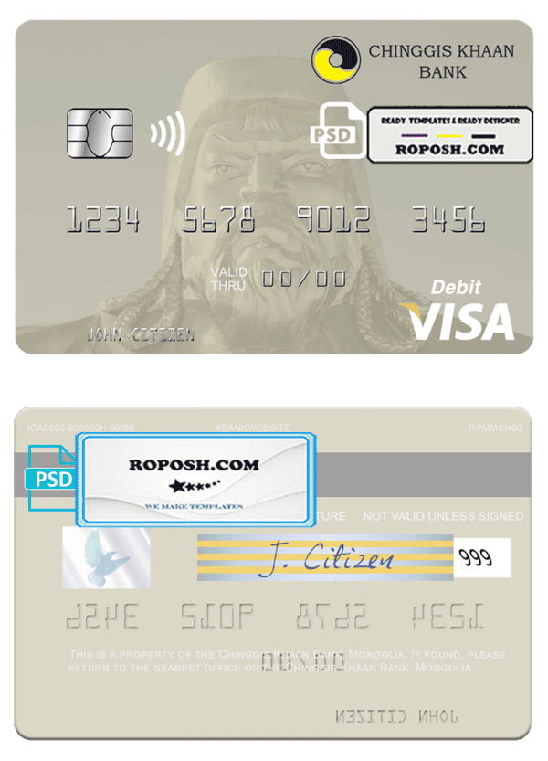 Mongolia Chinggis Khaan bank visa debit card, fully editable template in PSD format