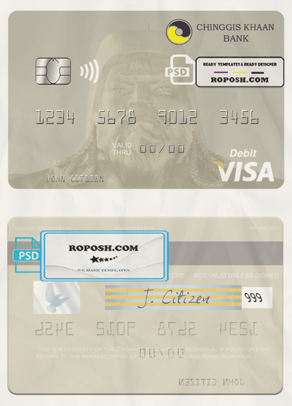 Mongolia Chinggis Khaan bank visa debit card, fully editable template in PSD format