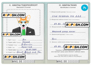 Mongolia dog (animal, pet) passport PSD template, fully editable