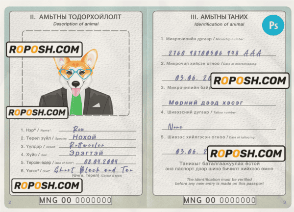 Mongolia dog (animal, pet) passport PSD template, fully editable