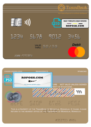 Mongolia TransBank of Mongolia mastercard, fully editable template in PSD format