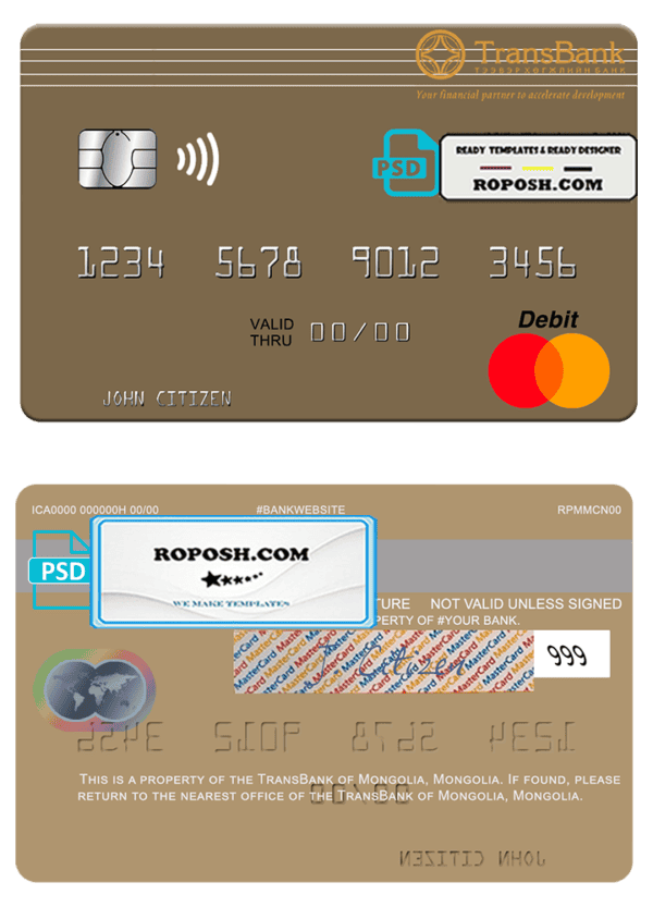 Mongolia TransBank of Mongolia mastercard, fully editable template in PSD format