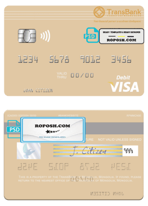 Mongolia TransBank of Mongolia bank visa debit card, fully editable template in PSD format