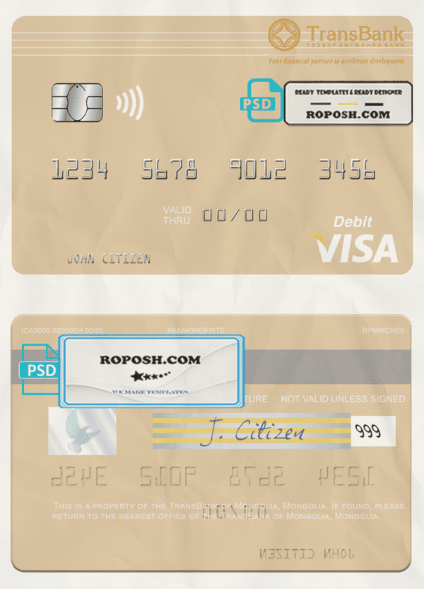 Mongolia TransBank of Mongolia bank visa debit card, fully editable template in PSD format