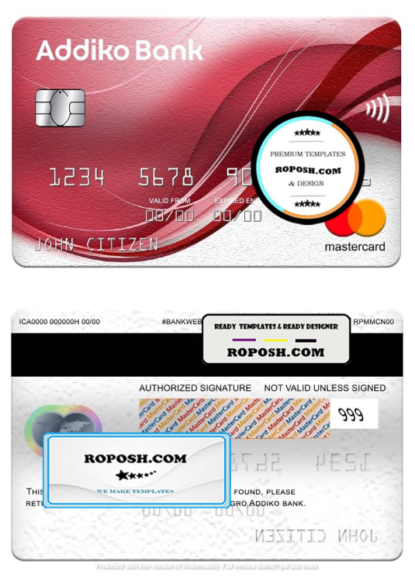 Montenegro Addiko bank mastercard, fully editable template in PSD format