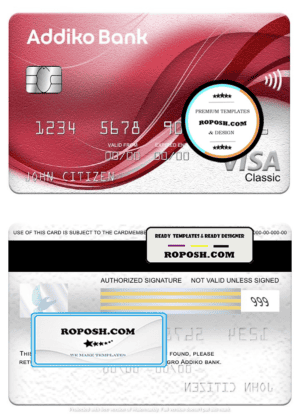 Montenegro Addiko bank visa classic card, fully editable template in PSD format