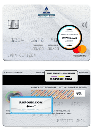 Montenegro Atlasmont bank mastercard, fully editable template in PSD format