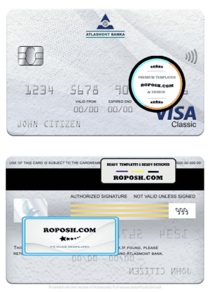 Montenegro Atlasmont bank visa classic card, fully editable template in PSD format